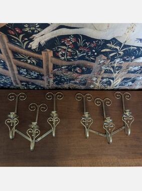 Home Interiors & Gifts Brass 3-Arm Accordion Wall Candle Sconces Set of 2